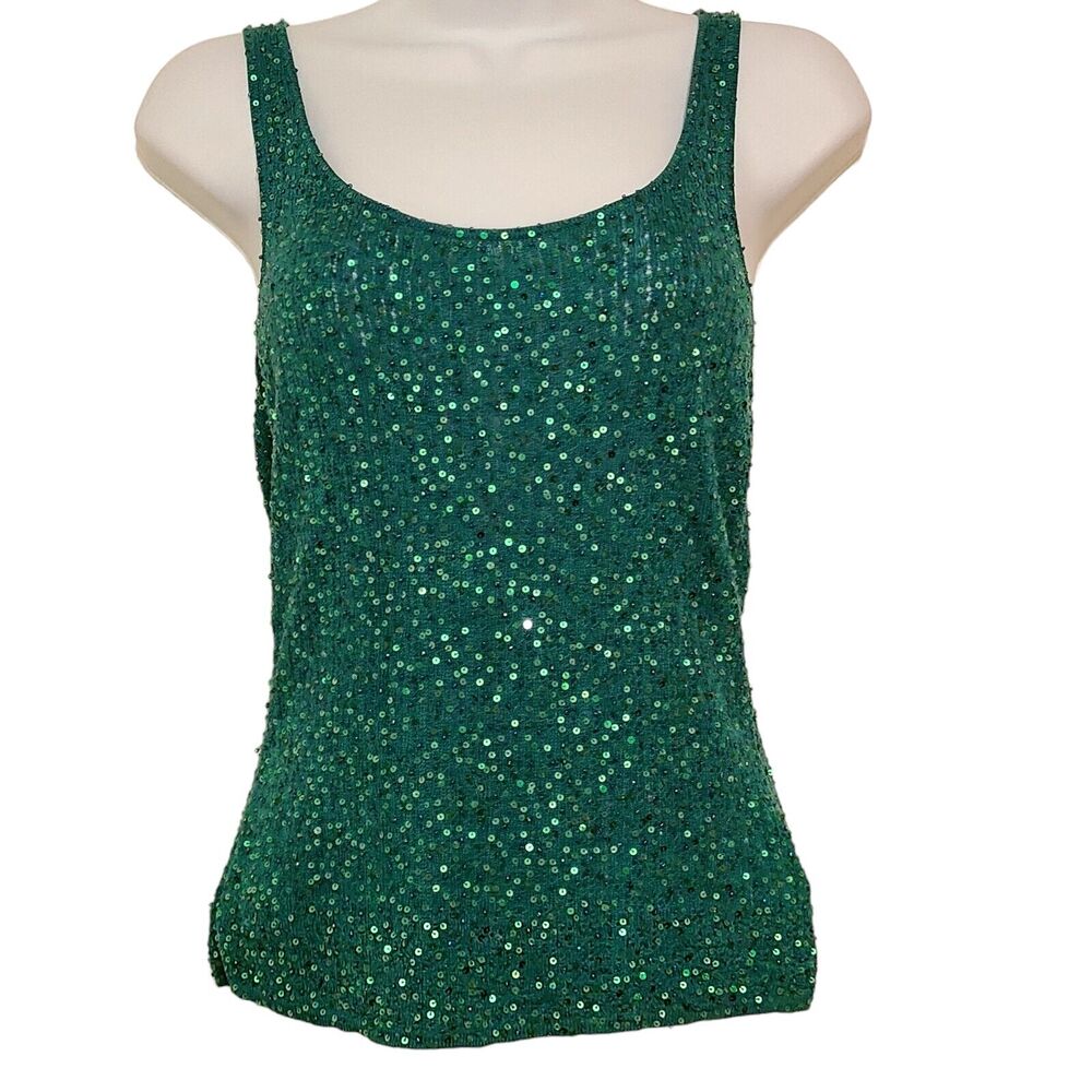 Adrienne Vittadini Platino Womens Tank Top Sz S Emerald Green Sequin Silk Shiny